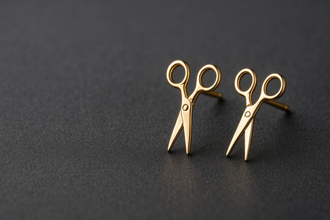 Złote nożyczki. Stylowe złote spinki do włosów w kształcie nożyczek, eleganckie i modne akcesoria.