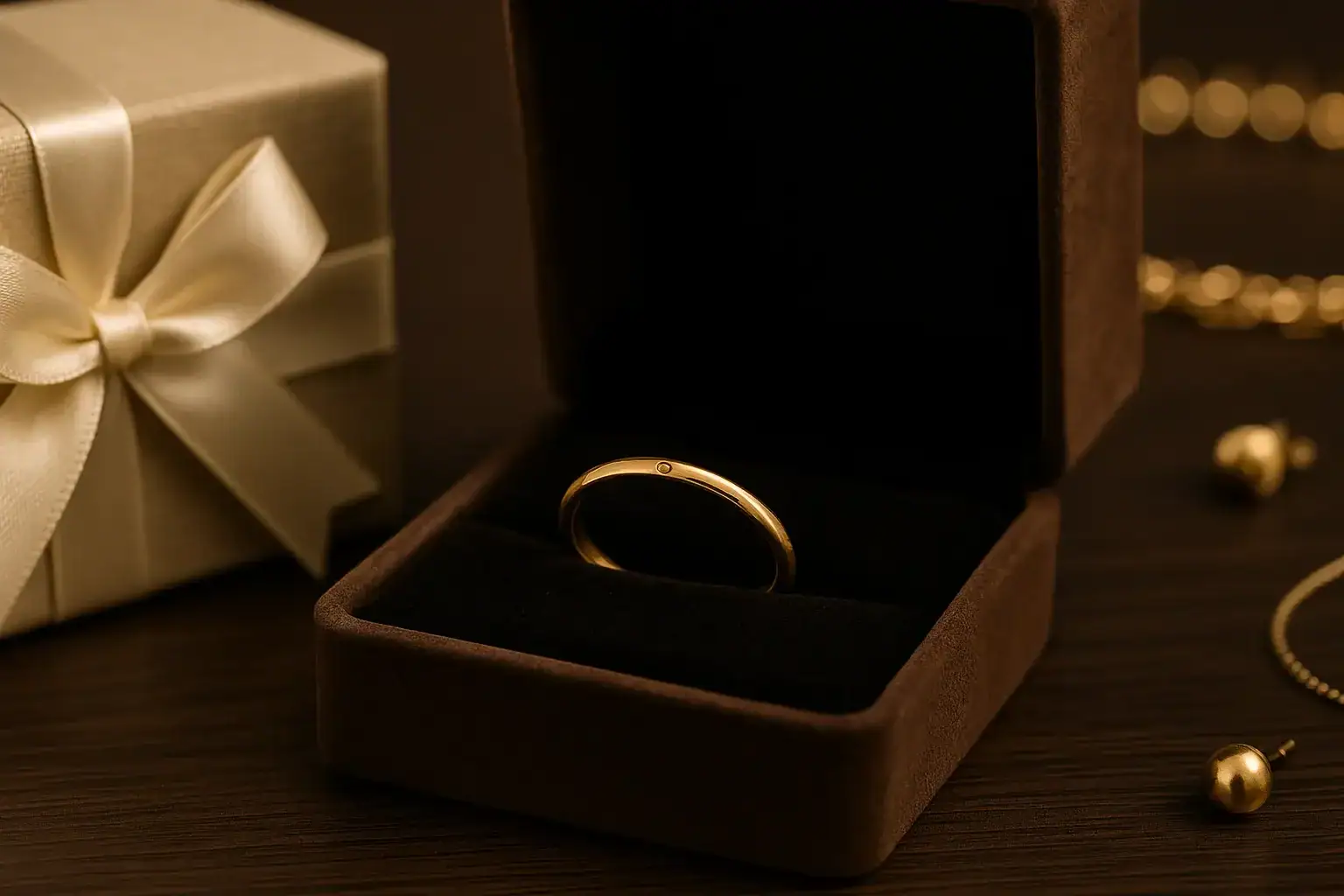Pierścionek w złotym kolorze w pudełku na prezent.