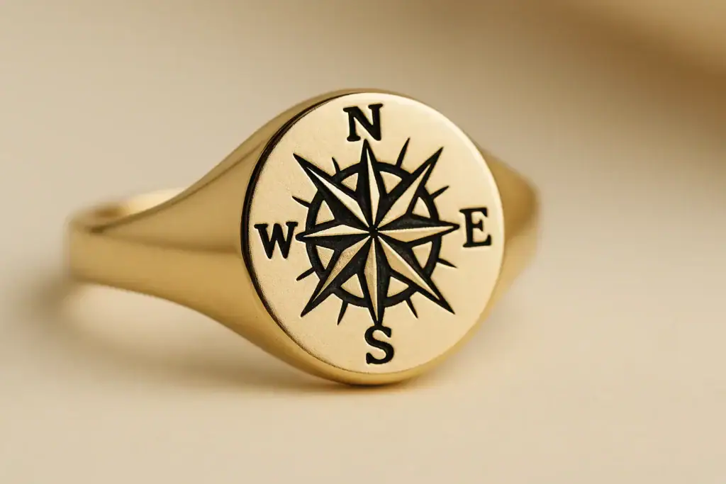 Pierścionek z kompasem w złotym kolorze, elegancki i oryginalny dodatek biżuteryjny.