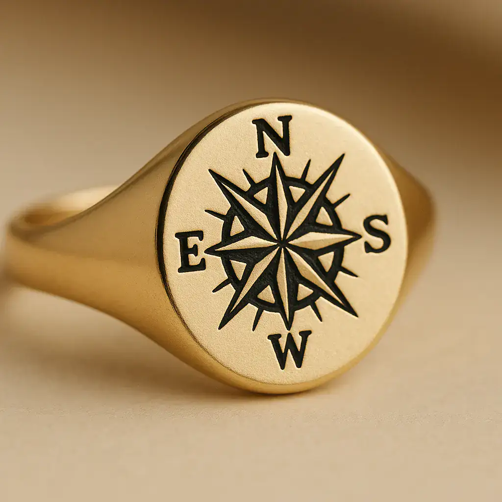 Pierścionek złoty z symbolami kompasu i kierunkami świata. Precyzyjne wykonanie, idealny na prezent lub do codziennego noszenia.